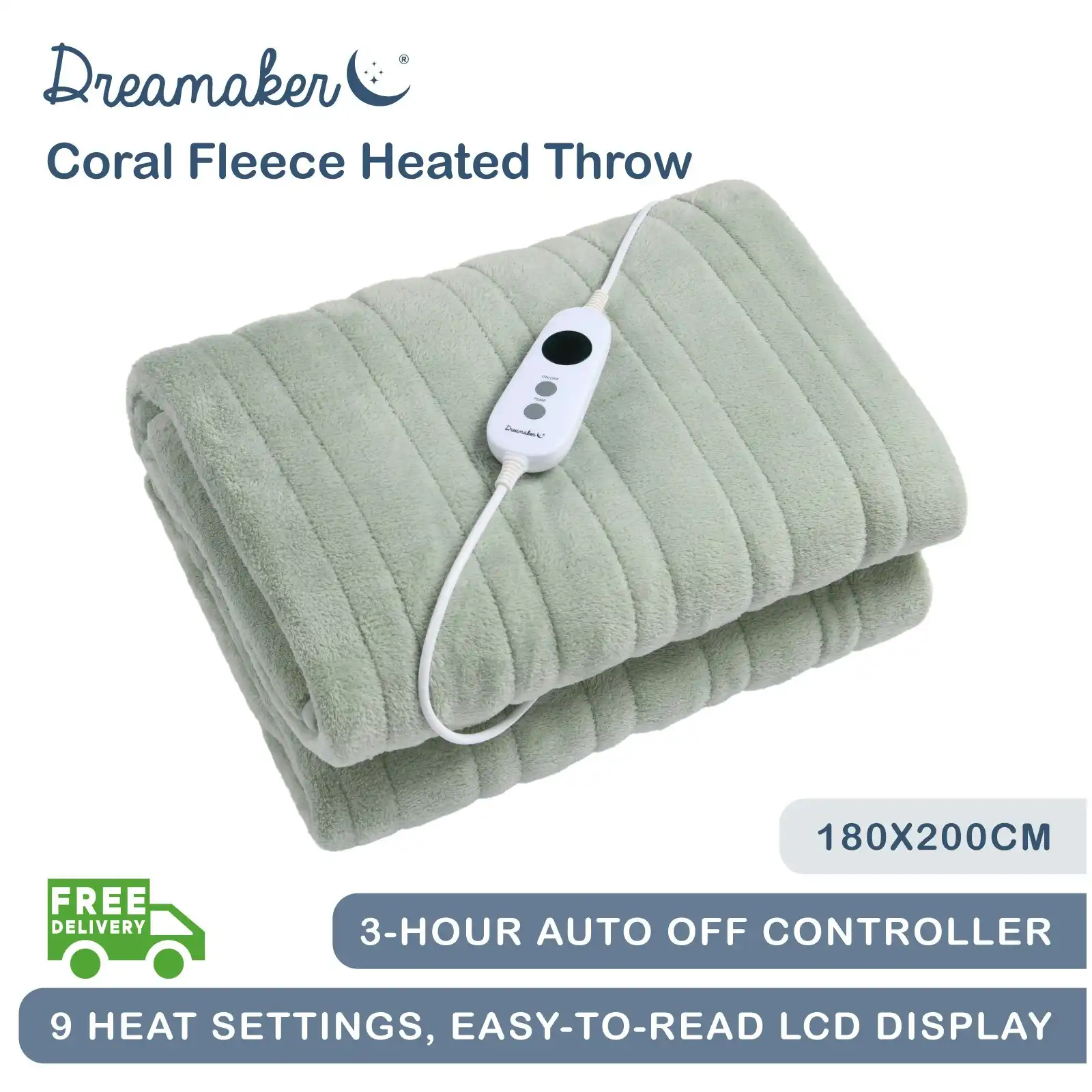 Dreamaker Coral Fleece Electric Heated Throw Blanket Sage 200 x 180cm