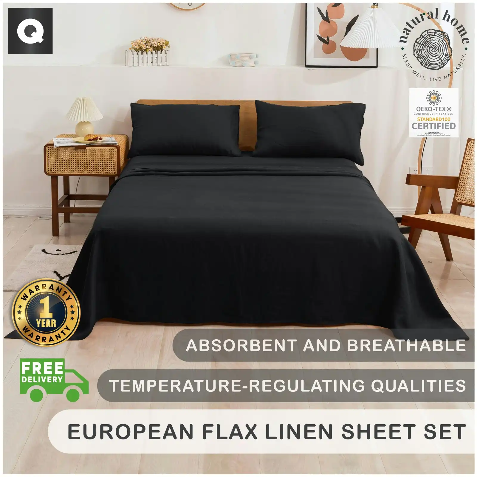 Natural Home 100% European Flax Linen Sheet Set Charcoal Queen Bed