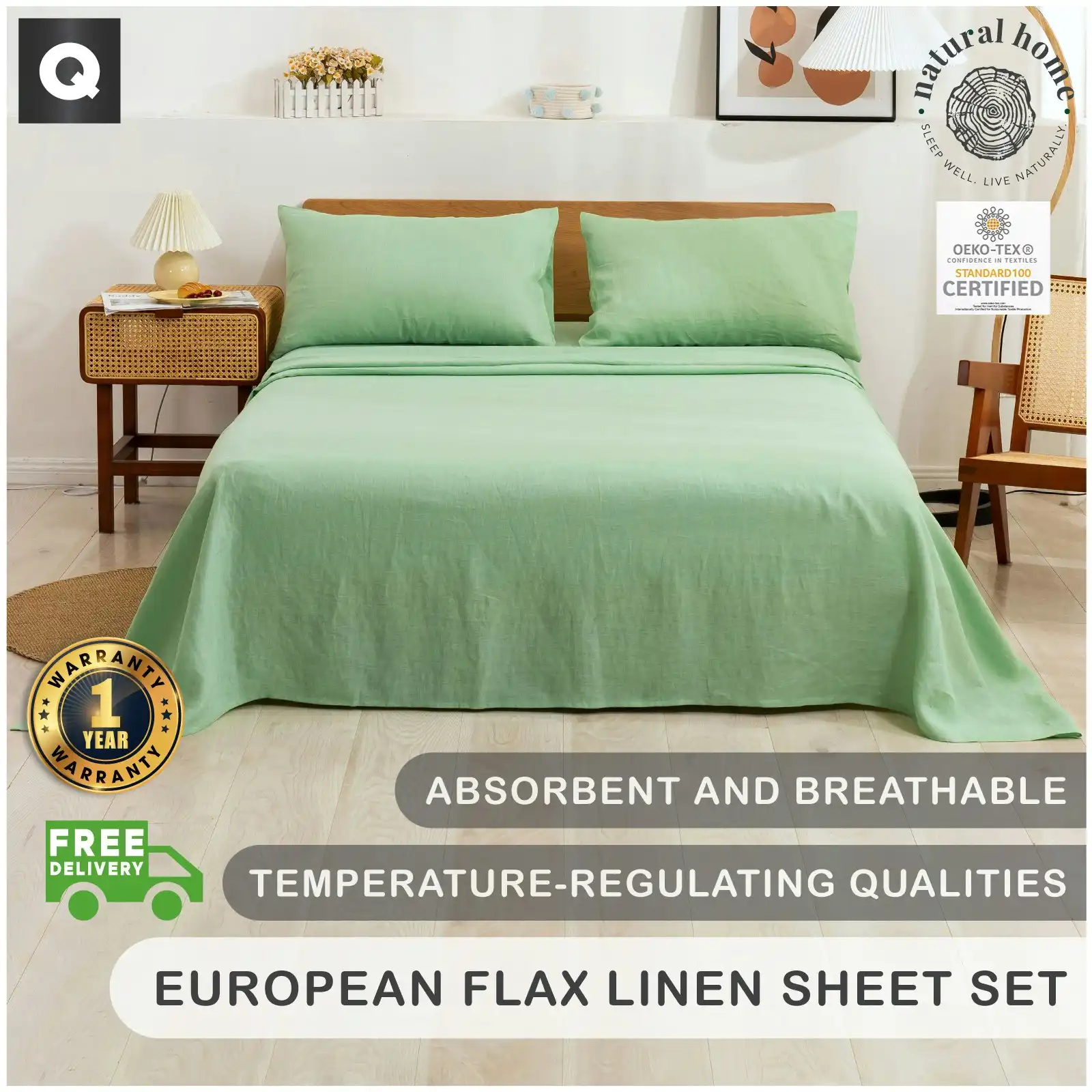 Natural Home 100% European Flax Linen Sheet Set - Sage - Queen Bed