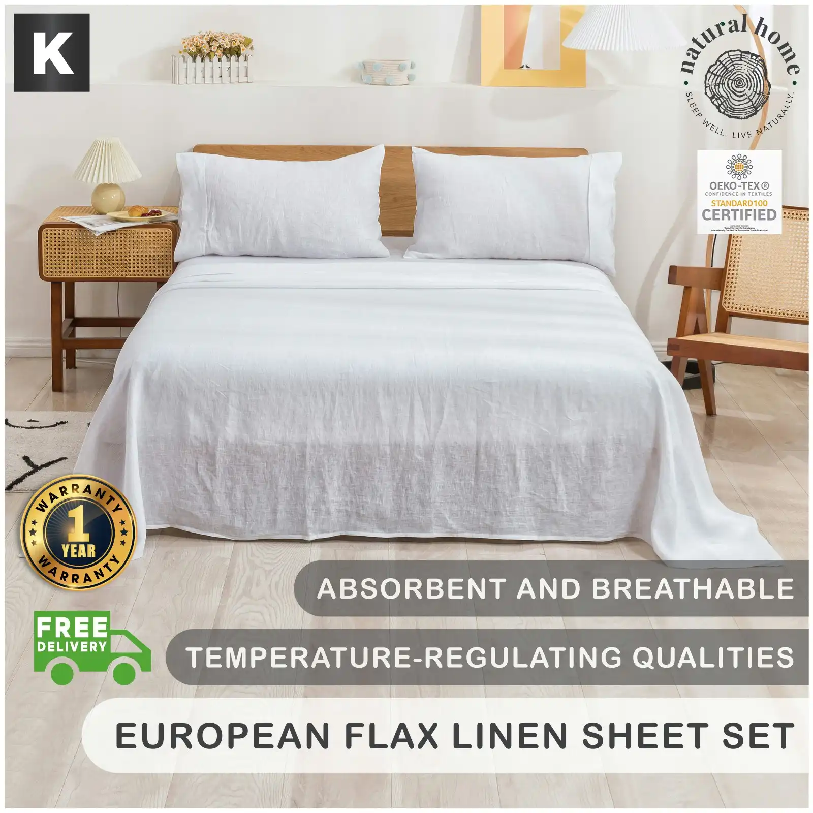 Natural Home 100% European Flax Linen Sheet Set White King Bed