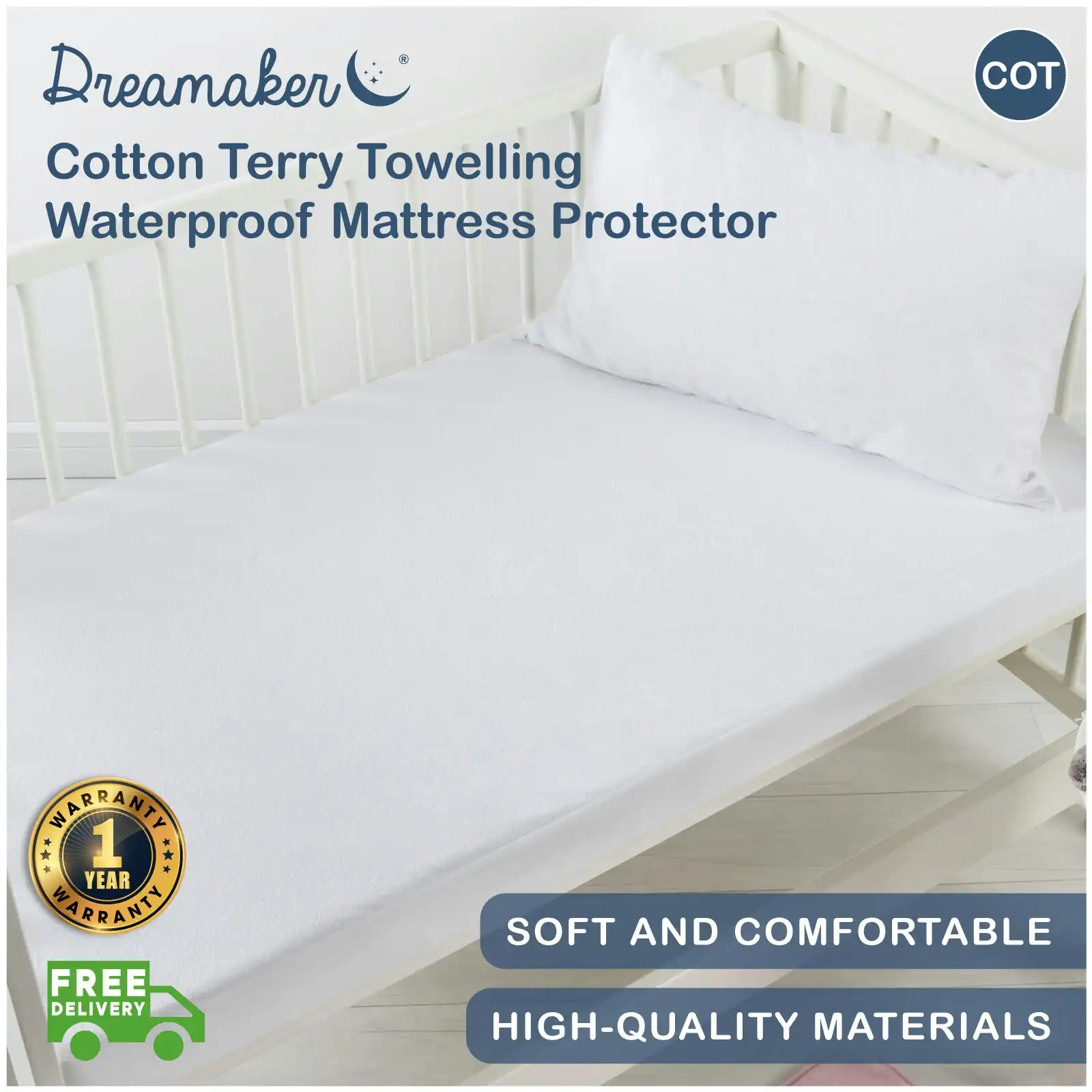Dreamaker Cotton Terry Towelling Waterproof Mattress Protector - Cot Standard