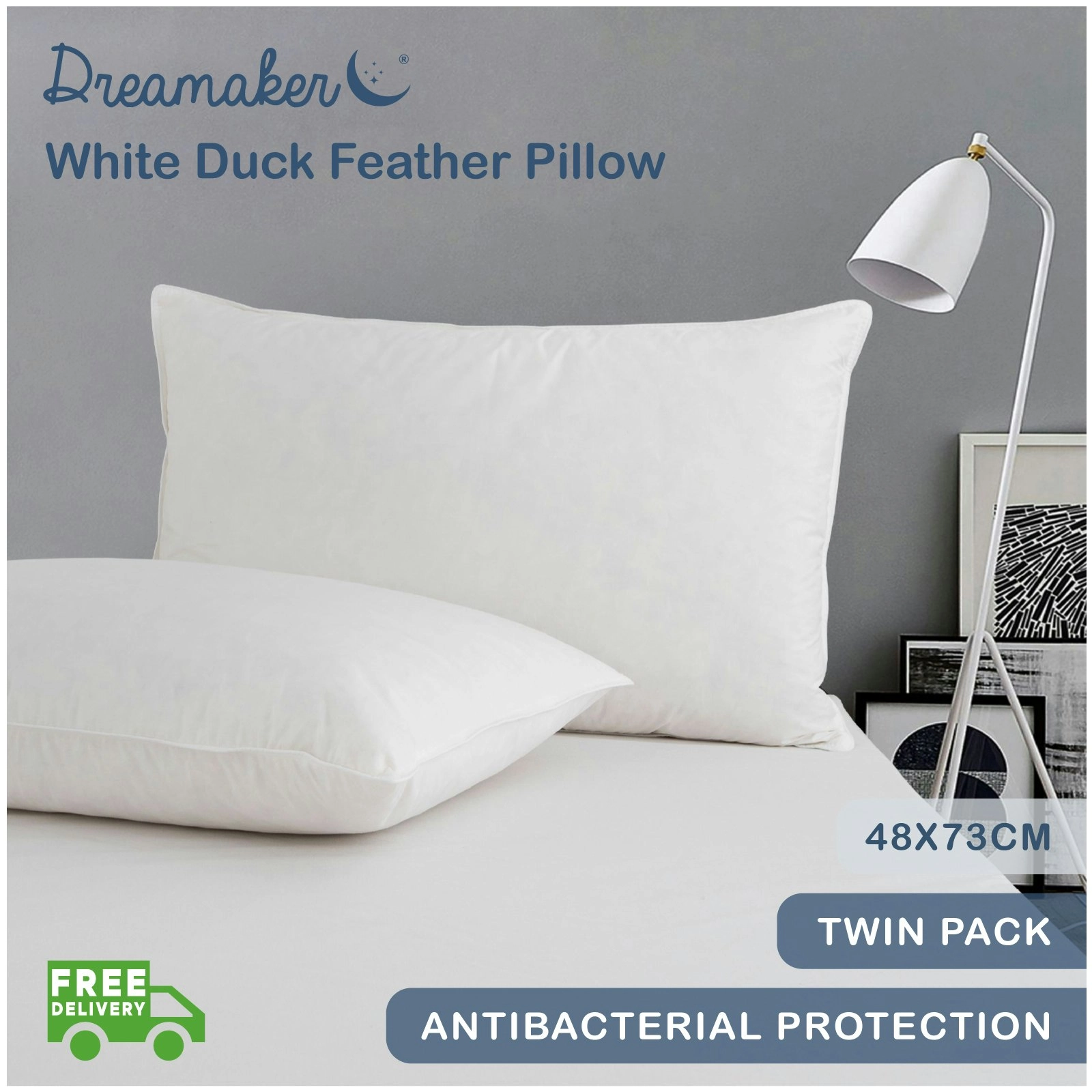 Dreamaker White Duck Feather Pillow 48 x 73cm (2 Pack)