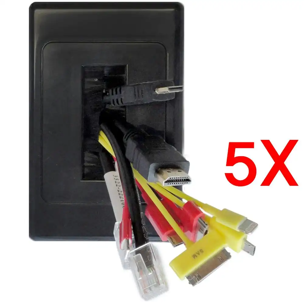 5x Wall Plate Wallplate W/Brush Outlet Cover Cable Lead Management/Organiser BLK