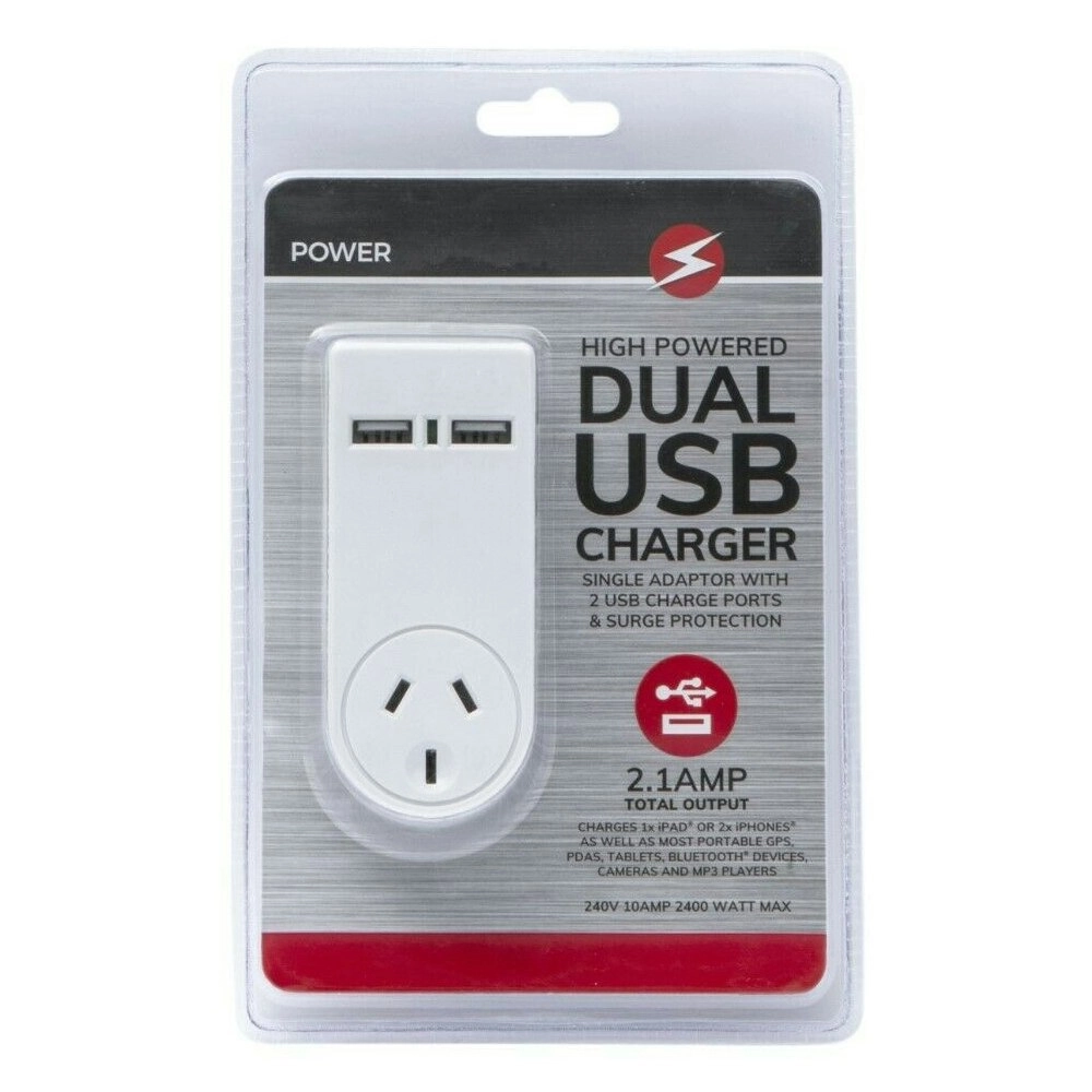 Power 2.1 AMP Single Adapter & Dual USB Charger with Surge Protect f/Indoor Home