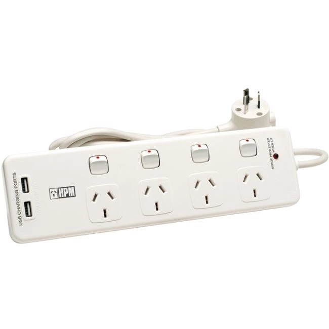 HPM 4-Way Surge 2400W Powerboard 4 Outlets/USB Ports w/ Individual Switches WHT