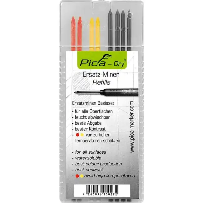 8pc Pica Dry Water Soluble Wax-Based Refills Graphite/Red/YL for Automatic Pen