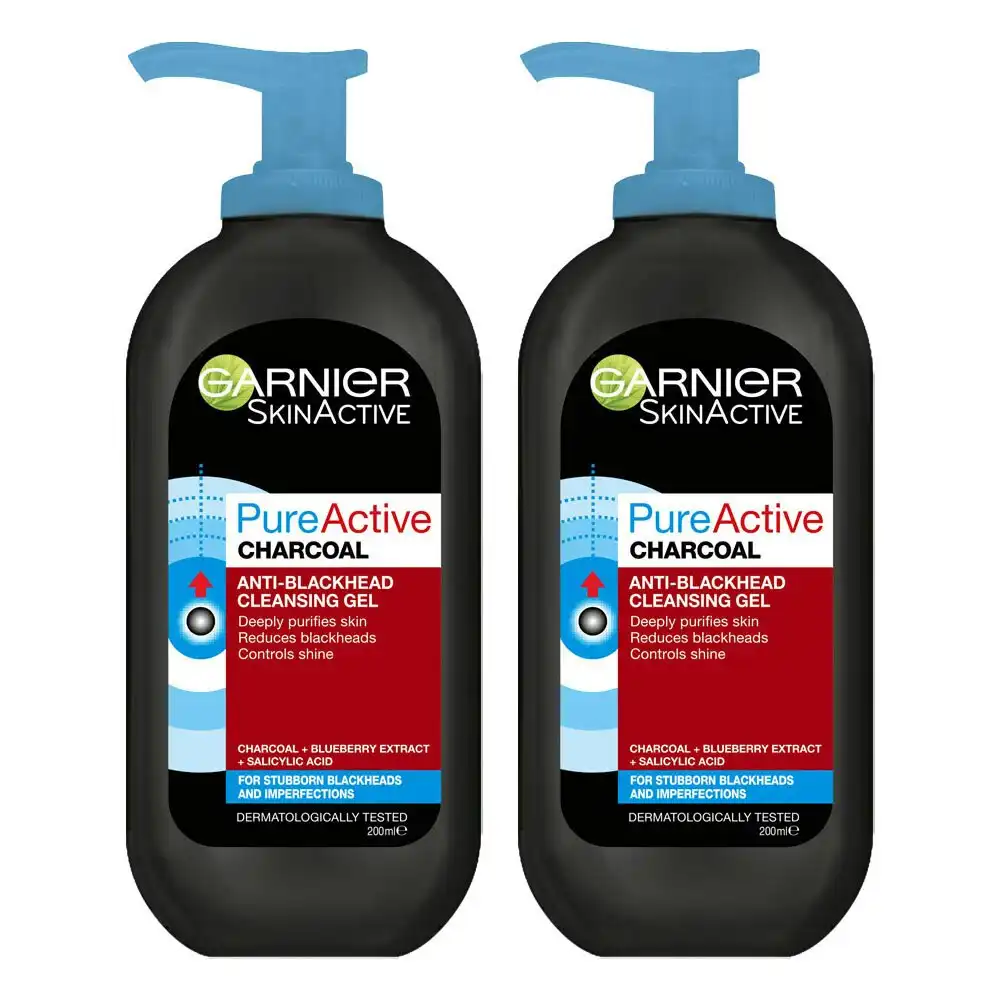 2x Garnier 200ml Pure Active Charcoal Anti Blackhead Cleansing Gel Wash Skincare