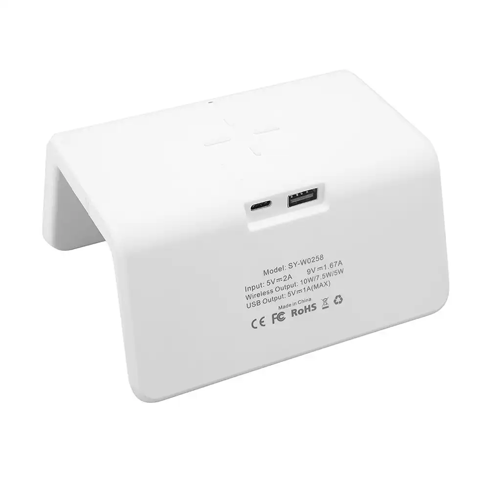 USB 5V 10W QI Wireless Charger RGB LED Night Light  w/Dual Alarm Clock White
