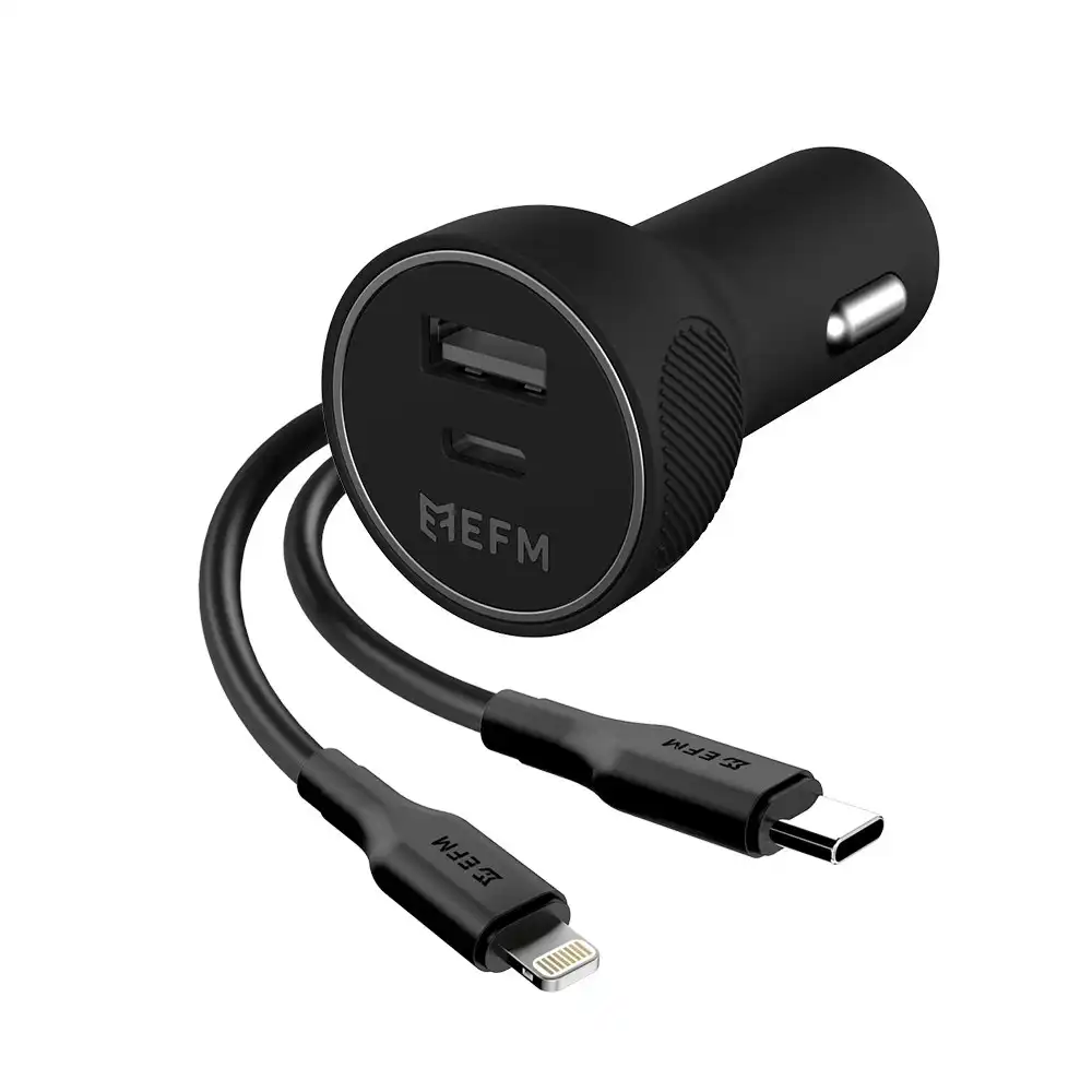 EFM 57W Dual Port Car Charger USB-C to Lightning MFI-Certified w/Cable Black
