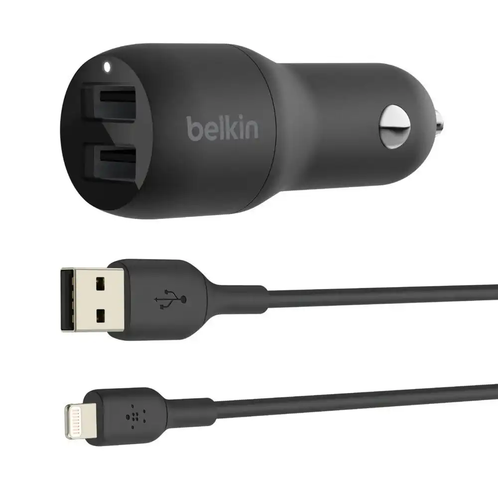 Belkin 2 Port USB-A Car Charger/Lightning MFI-Certified Cable for iPhone/iPad BK