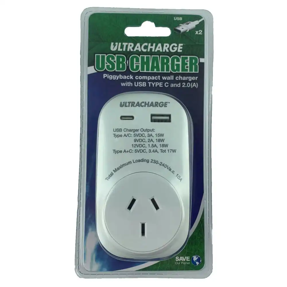 UltraCharge Power Adaptor Wall Plug Outlet Socket w/ Dual USB/USB-C Port White