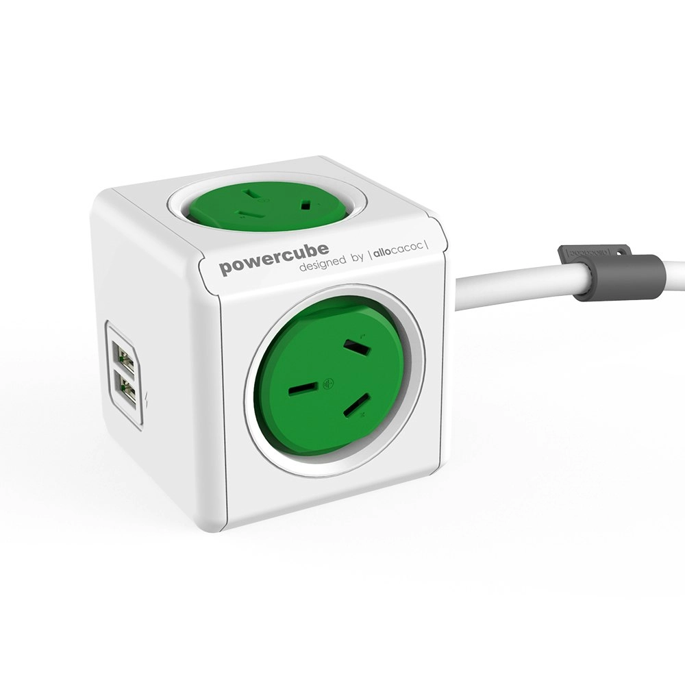 Green PowerCube 4 Socket Mountable Power Board w/ 1.5m Cord/2 USB Ports 240v