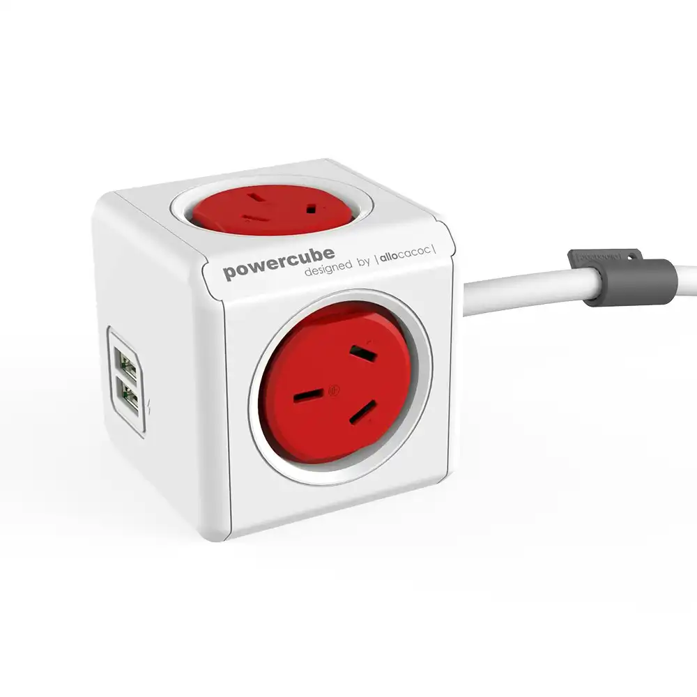 Red PowerCube 4 Socket Mountable Power Board w/3m Cord/Dual USB Charger 240v