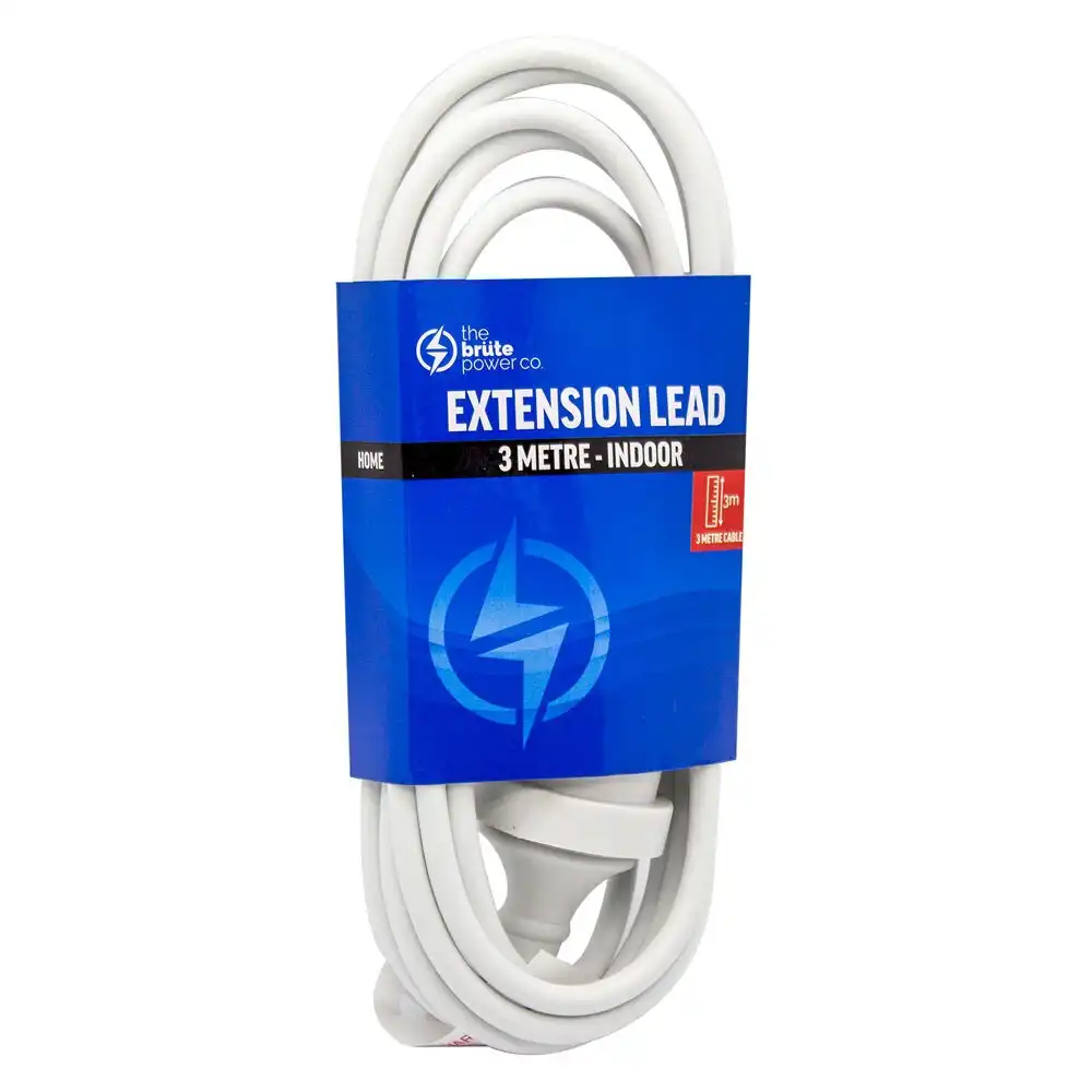 The Brute Power Co 3m Extension Lead/Cord Cable AU/NZ 2400W 240V Home Plug WHT