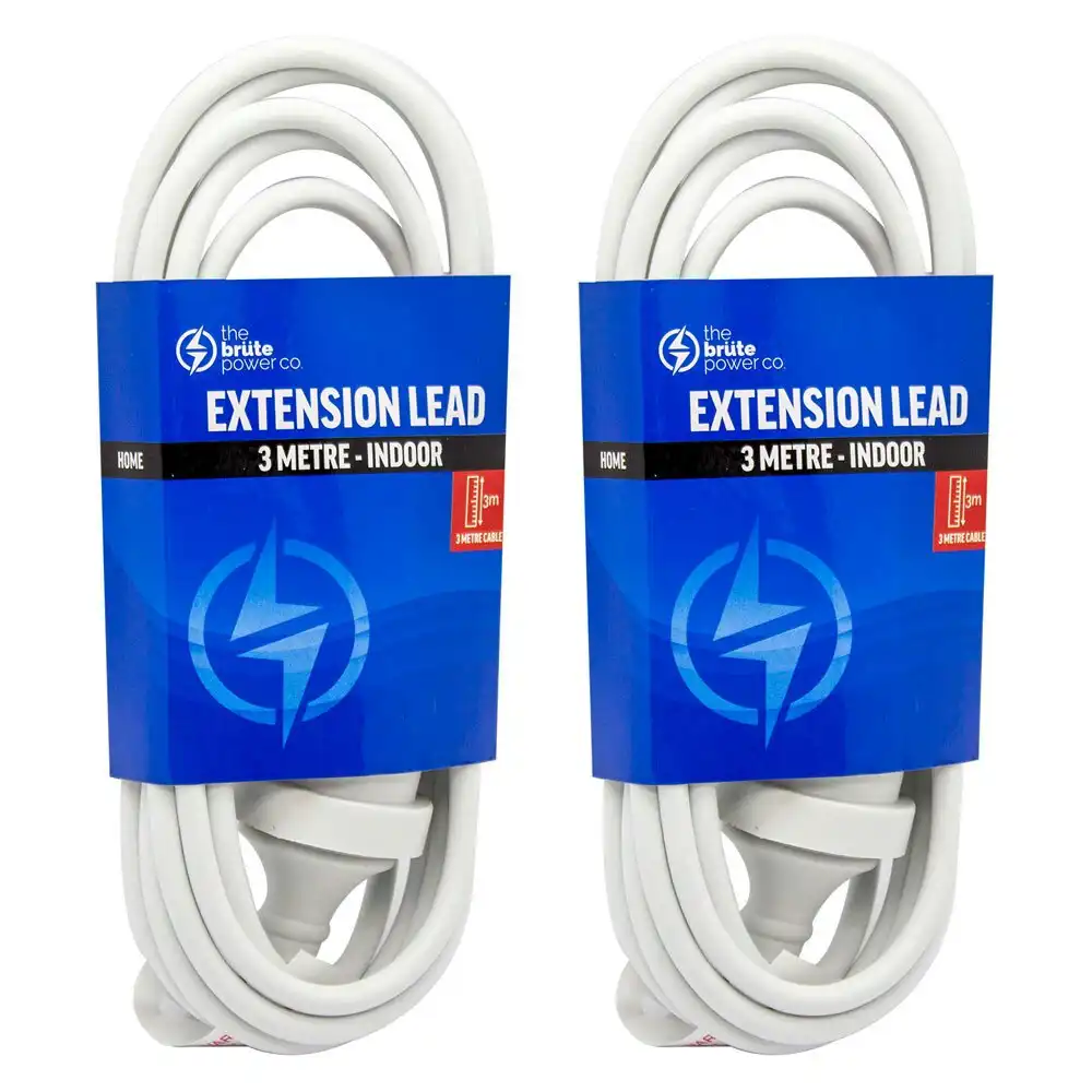 2PK The Brute Power Co 3m Extension Lead/Cord Cable AU/NZ 2400W 240V Plug White