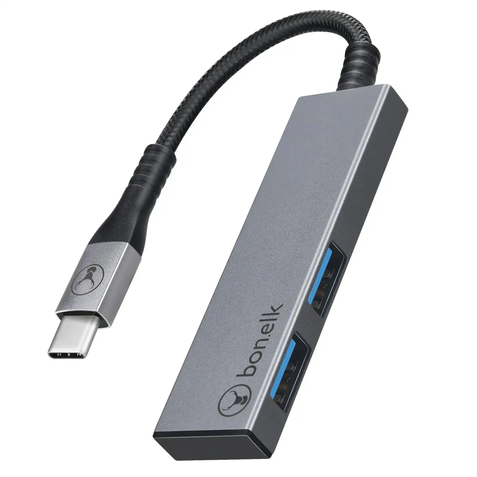 Bonelk Long-Life Slim USB-C to 2 x USB 3.0 Hub Adapter for Laptop/Computer Grey