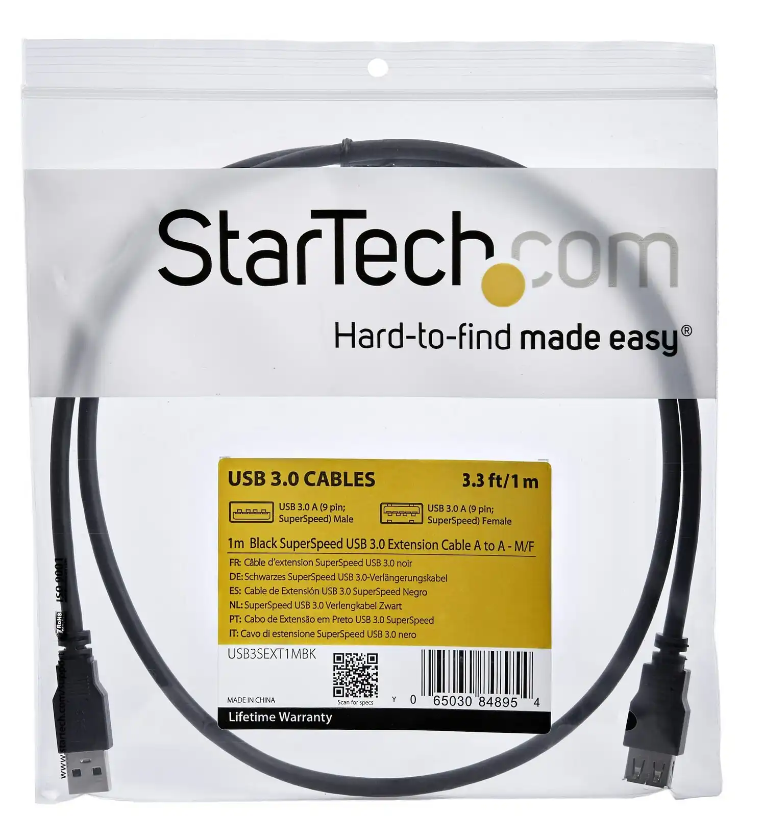 Star Tech 1m SuperSpeed USB 3.0 5Gbps Extension Cable Male To Female Black