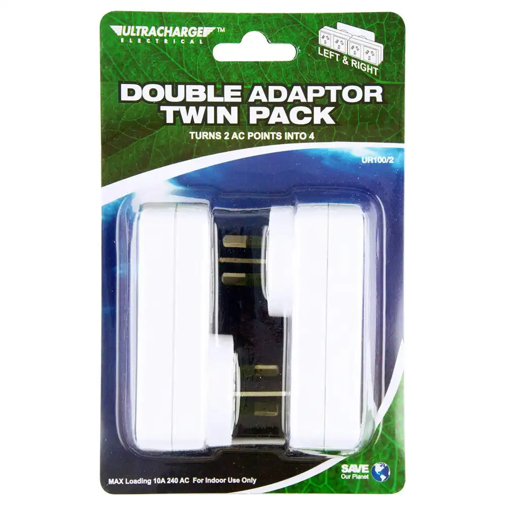 UltraCharge Double AC Adaptor Twin Left & Right 4 Outlets Plug Extender White