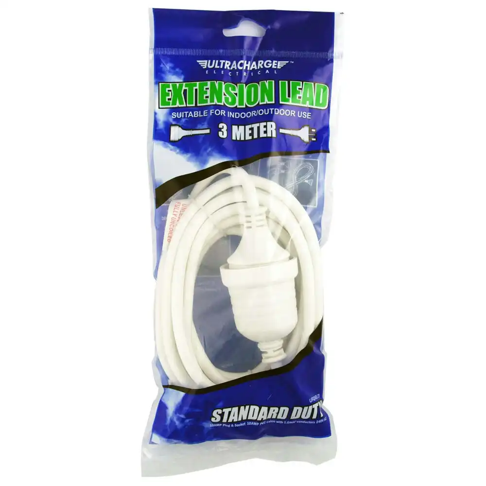 UltraCharge Extension Lead 3m Cable Cord Suitable for Indoor/Outdoor Use White