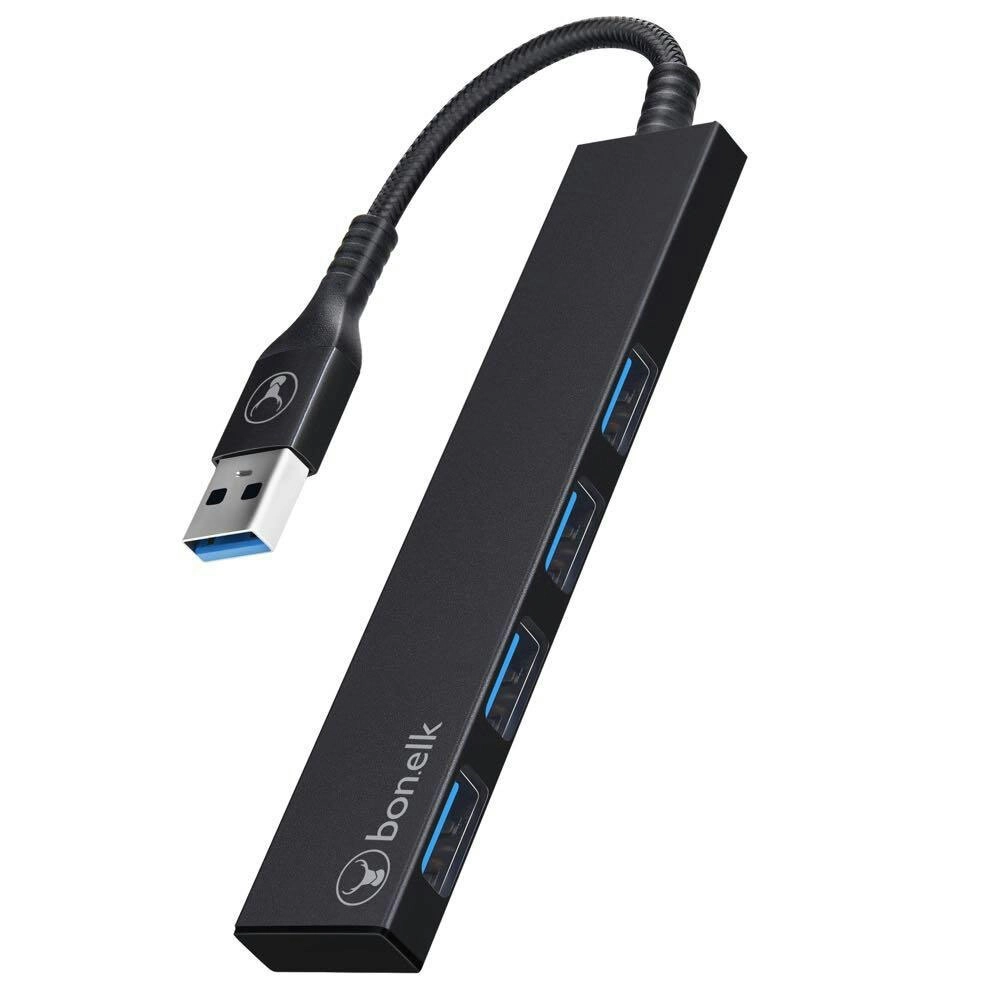 Bonelk Long-Life USB-A to 4-Port USB 3.0 Ports Slim Hub Adapter Connector Black