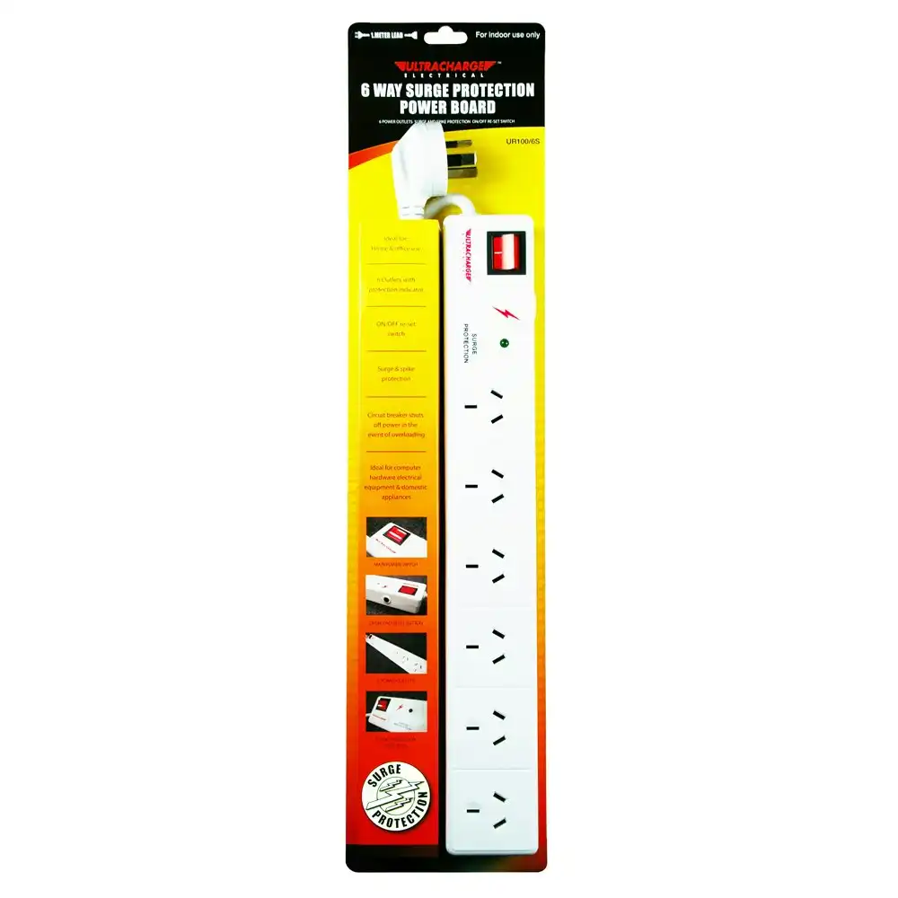 UltraCharge 6-Socket Surge Protection Power Strip Board 1m Cord Extension White