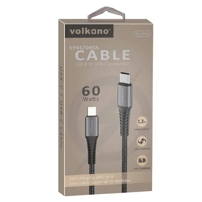 Volkano 1.2m USB 60W Type-C Male To USB-C Male Data/Phone Charge Cable Assorted