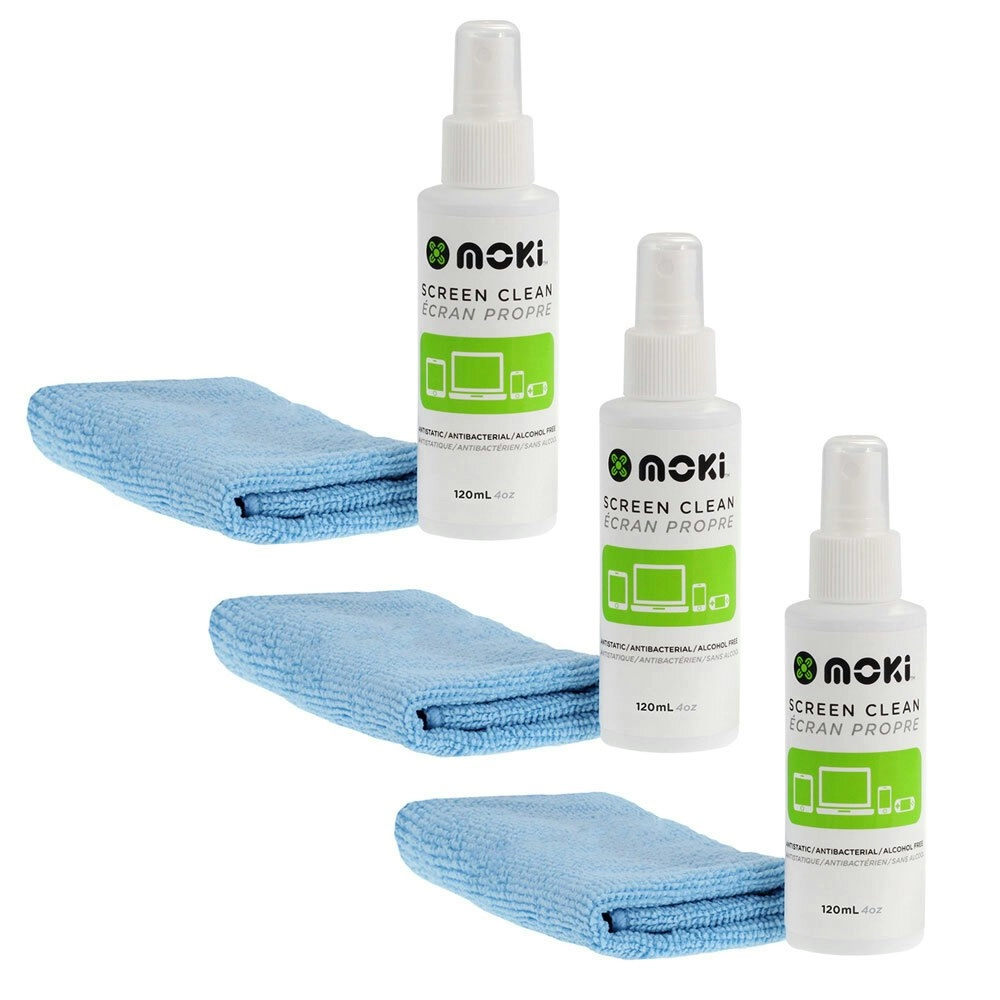 3PK Moki Screen Clean 120ml Cleaning Spray w/ Microfibre Cloth for LCD/TV/Phone