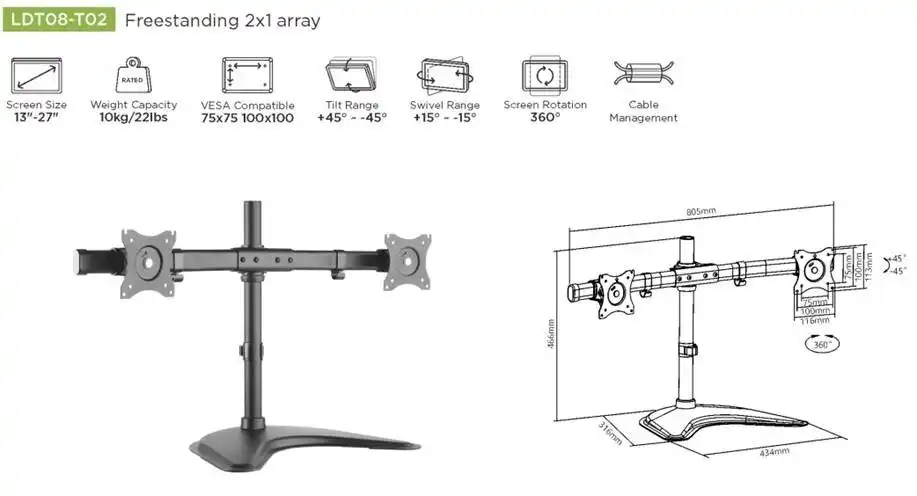 Brateck 80.5cm Dual 13"-27" Monitor Curved Horizontal Rail Array Desktop Stand