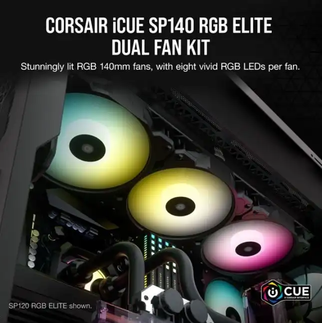 2PK Corsair iCUE SP140 RGB ELITE 140mm RGB Fan w/ AirGuide f/ Gaming PC Case BLK
