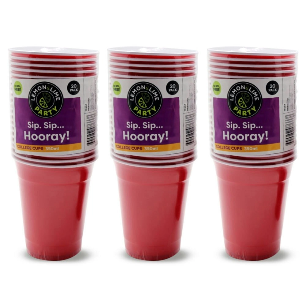 60PK Lemon & Lime Reusable 350ml College Party Cups Drinking Water Drink Cup Red