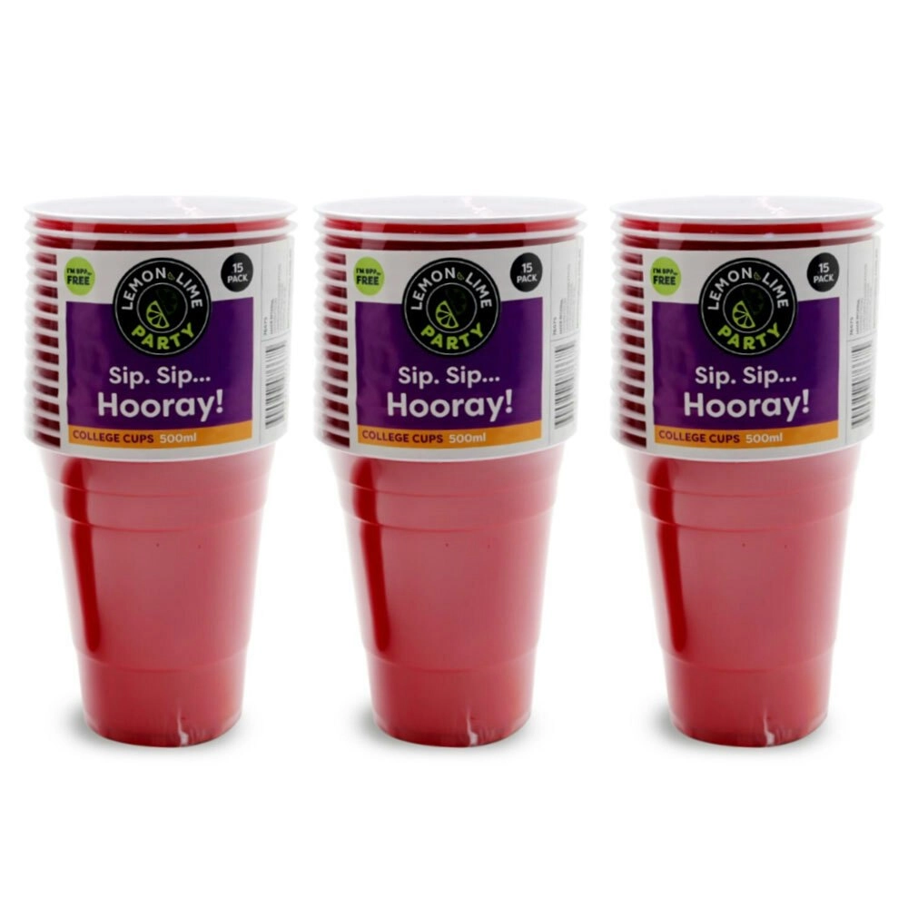 45PK Lemon & Lime Reusable 500ml College Party Cups Drinking Water Drink Cup Red