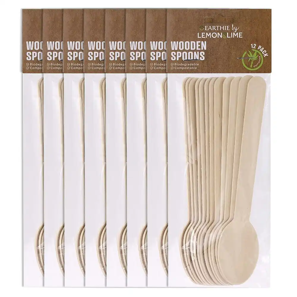 96pc Lemon & Lime Eco 15.5cm Disposable Dinner Wooden Spoons Cutlery Catering