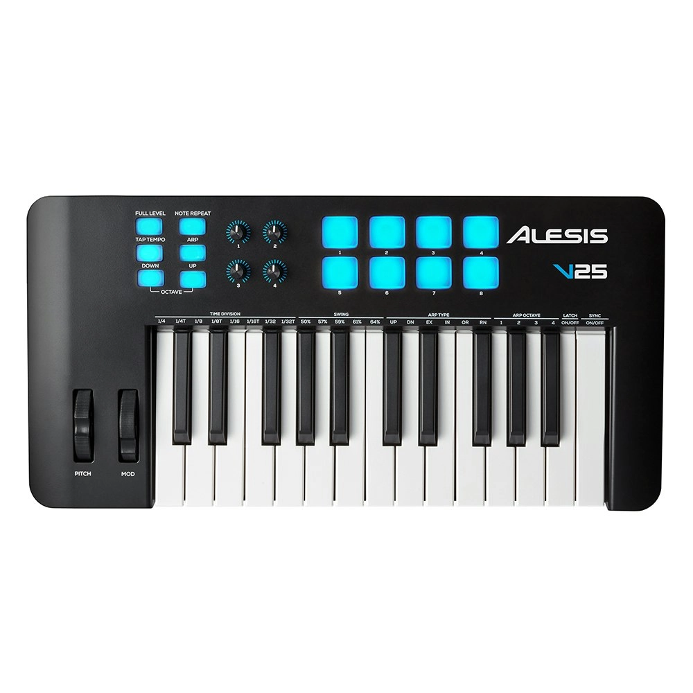 Alesis 25 Key Electric Keyboard USB/MIDI Controller/LED-Backlit Pads For PC/Mac