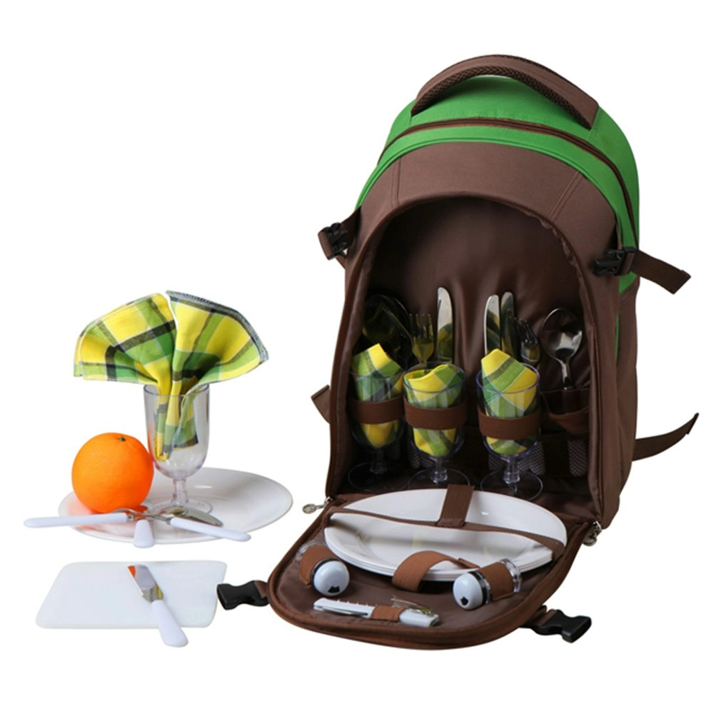 Yonovo 4 Person Insulated Picnic Bag Backpack Wine Glass/Cutlery/Knives Green