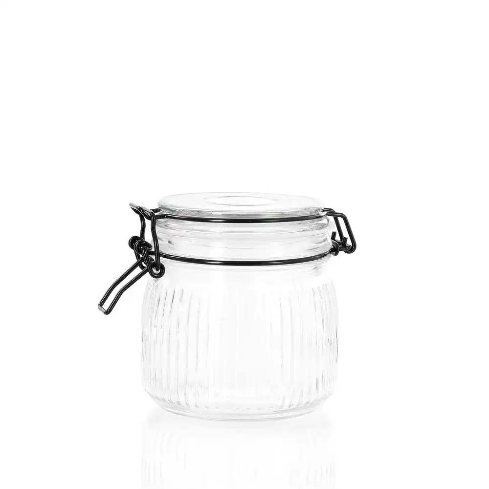 3x Lemon & Lime Fido Stripe 600ml/11cm Glass Clip Jar Canister Container Clear