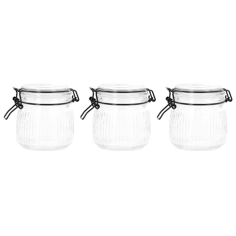 3x Lemon & Lime Fido Stripe 600ml/11cm Glass Clip Jar Canister Container Clear