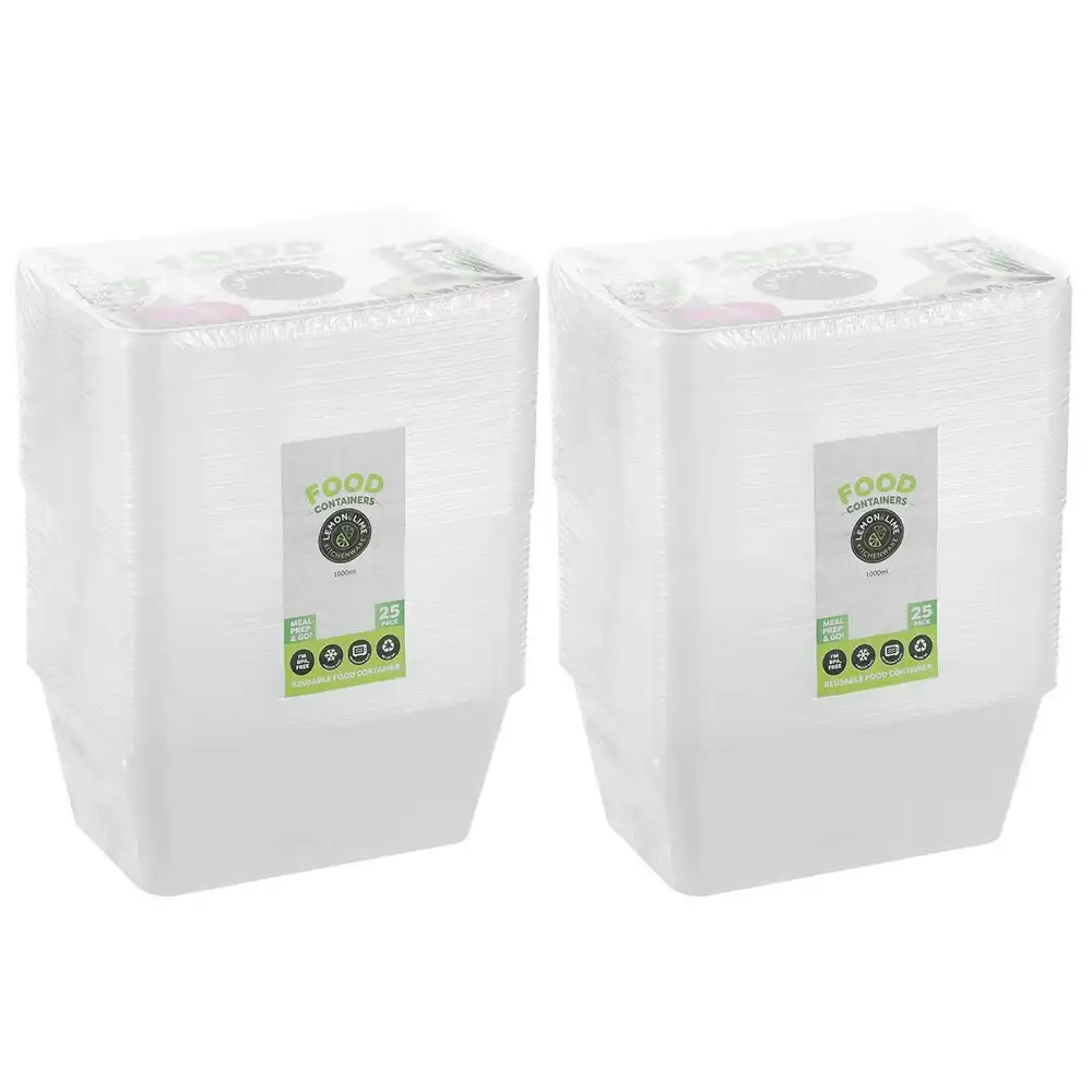 2x 25PK Lemon & Lime Reusable 1L Rectangle Food Container/Storage w/ Lid Clear