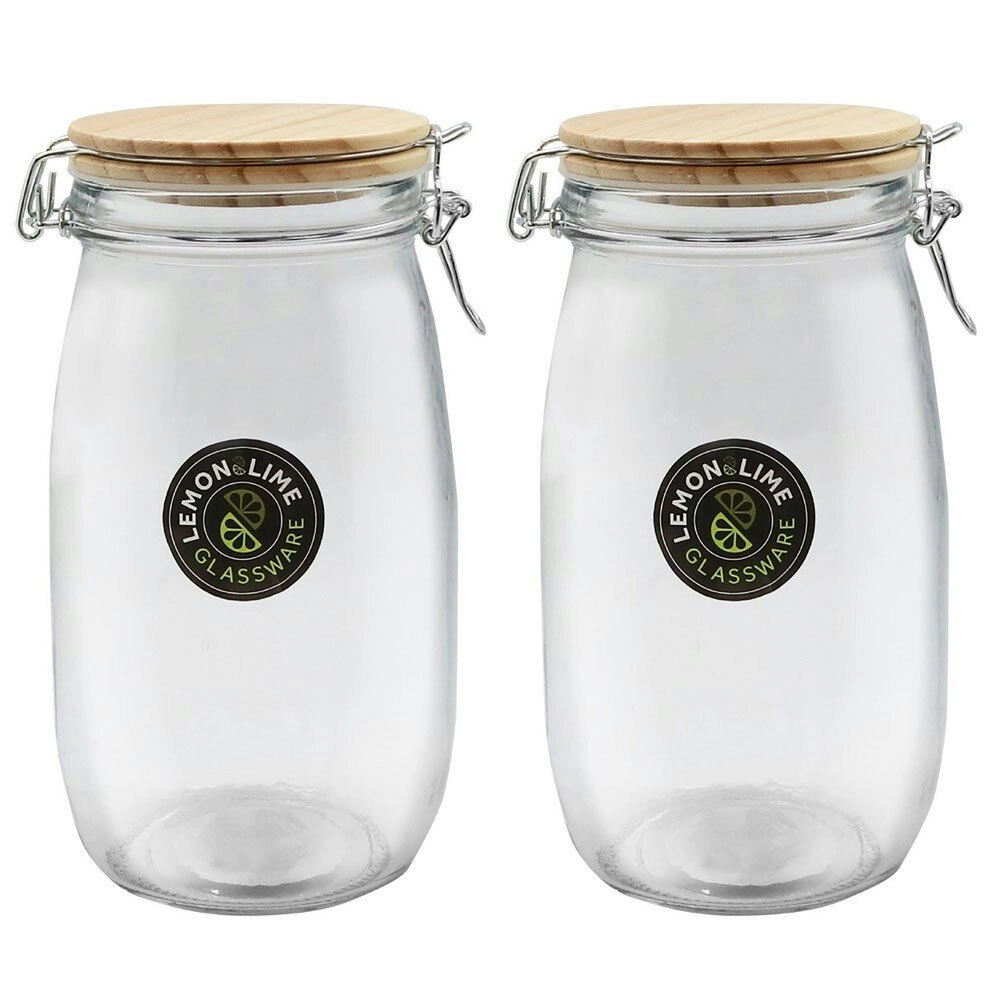 2x Lemon & Lime 1.5L/21.5cm Glass Clip Jar Storage Container w/ Wooden Lid Clear