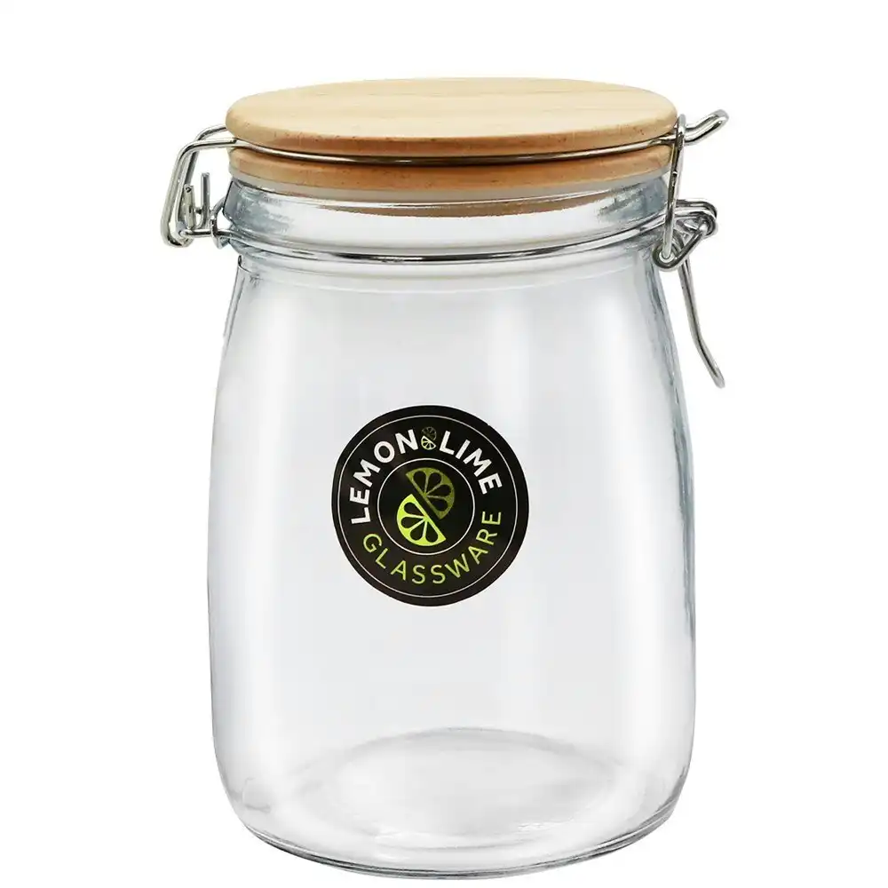 2x Lemon & Lime 1L/16.5cm Glass Clip Jar Storage Food Container w/ Wooden Lid