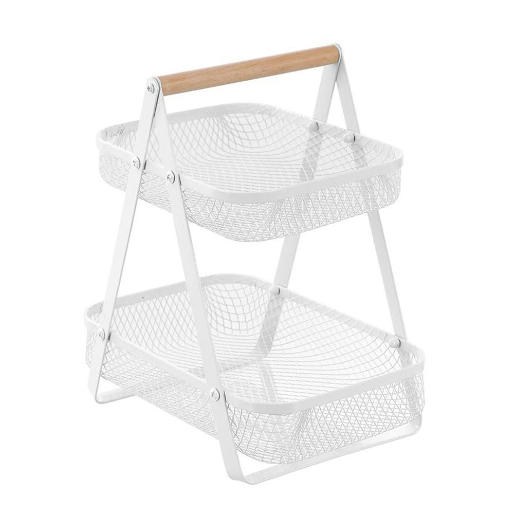 Boxsweden 29cm Mesh 2-Tier Bench Top Stand Organiser Rack w/ Wood Handle White