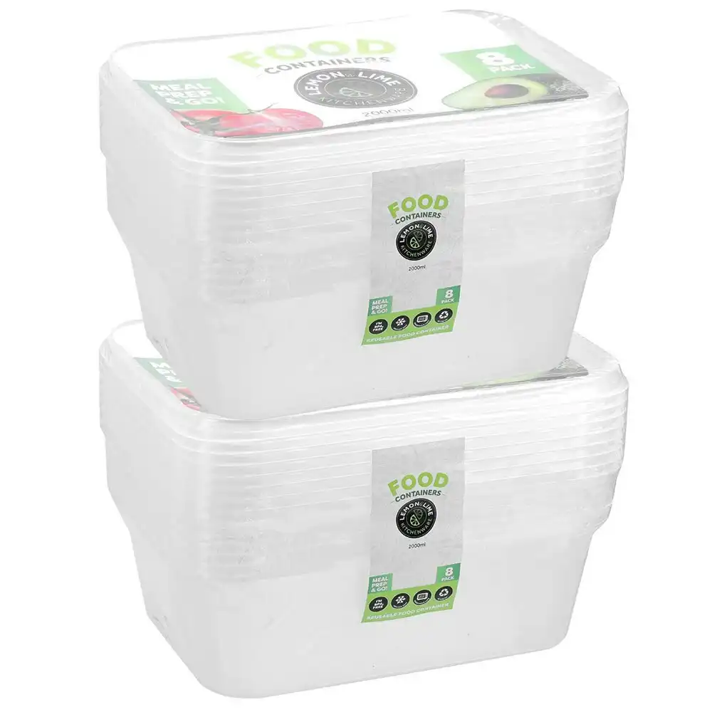 2x 8PK Lemon & Lime Reusable 2L Rectangle Food Container/Storage w/ Lid Clear