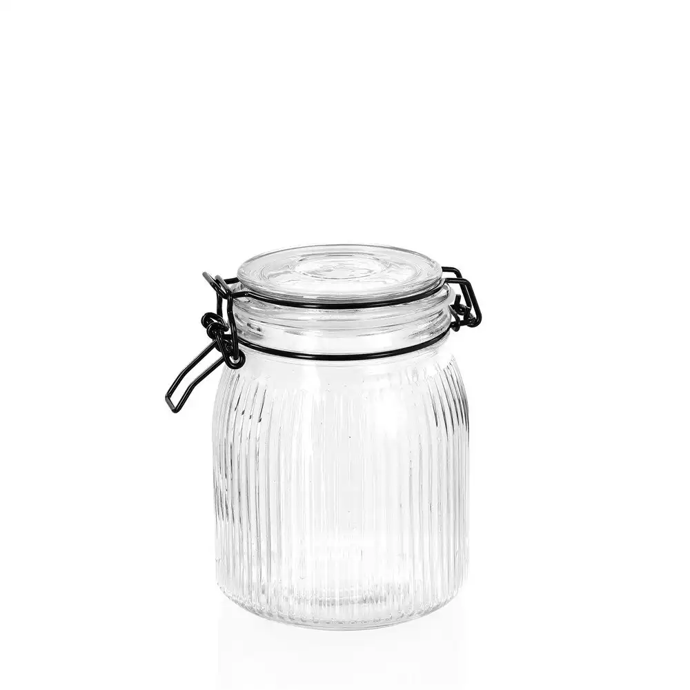 3x Lemon & Lime Fido Stripe 1L/15.5cm Glass Clip Jar Food Canister Container CLR