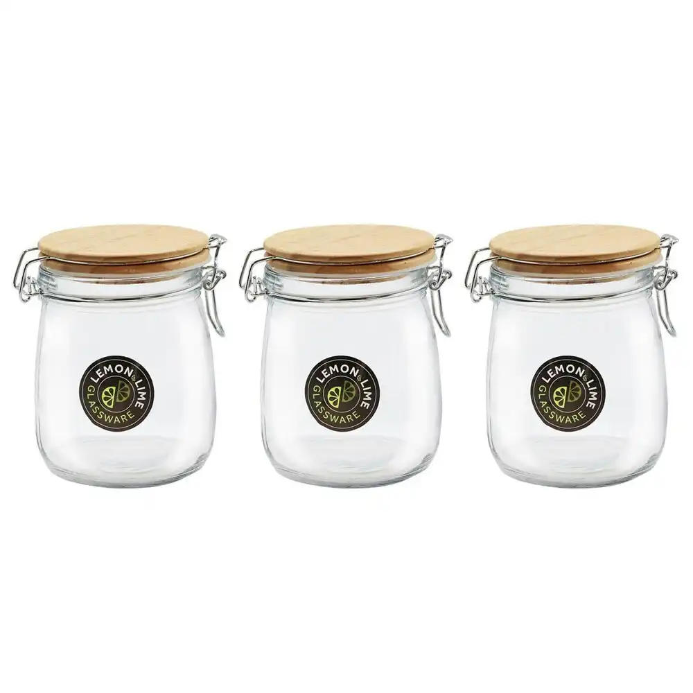 3x Lemon & Lime 730ml/14cm Glass Clip Jar Storage Food Container w/ Wooden Lid