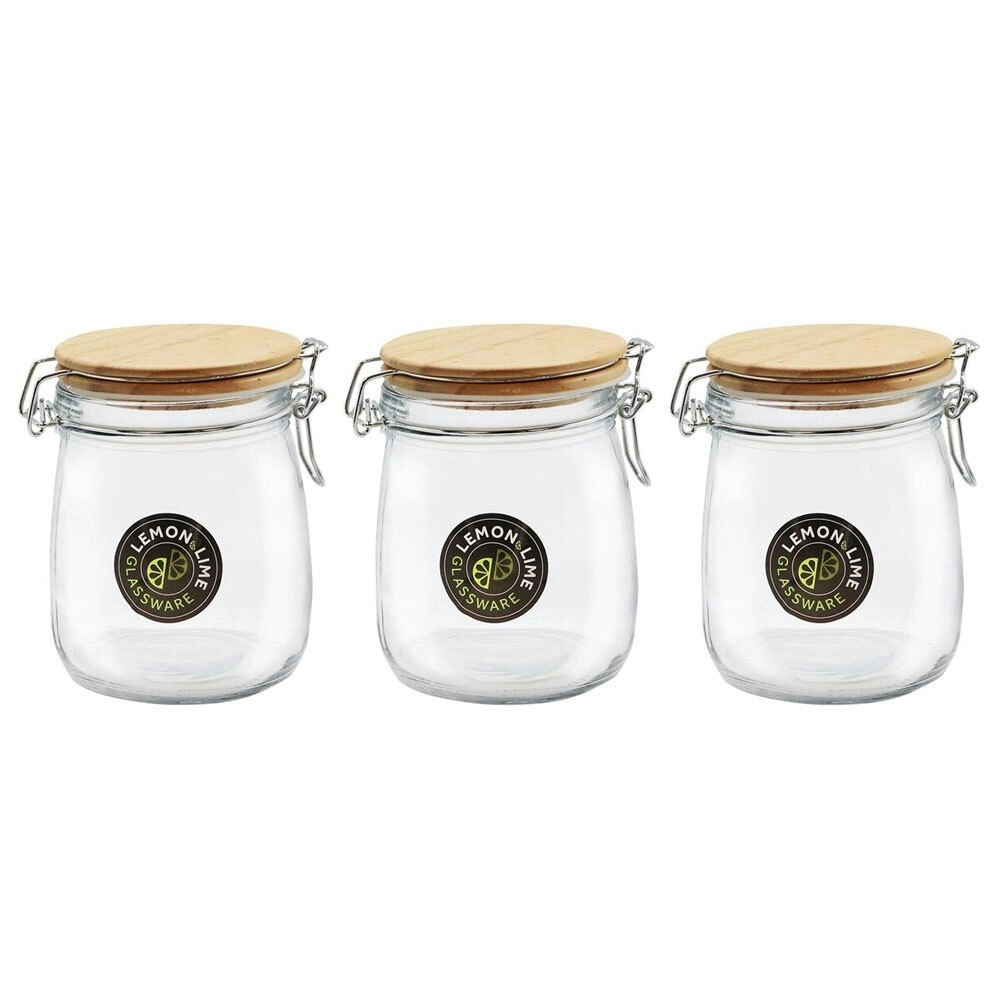 3x Lemon & Lime 730ml/14cm Glass Clip Jar Storage Food Container w/ Wooden Lid