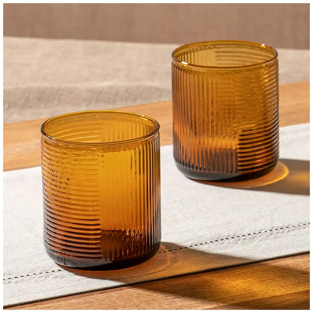 4pc Ladelle 380ml Savannah Ribbed Amber Glass Tumbler/Glass/Cup Cold Drinks