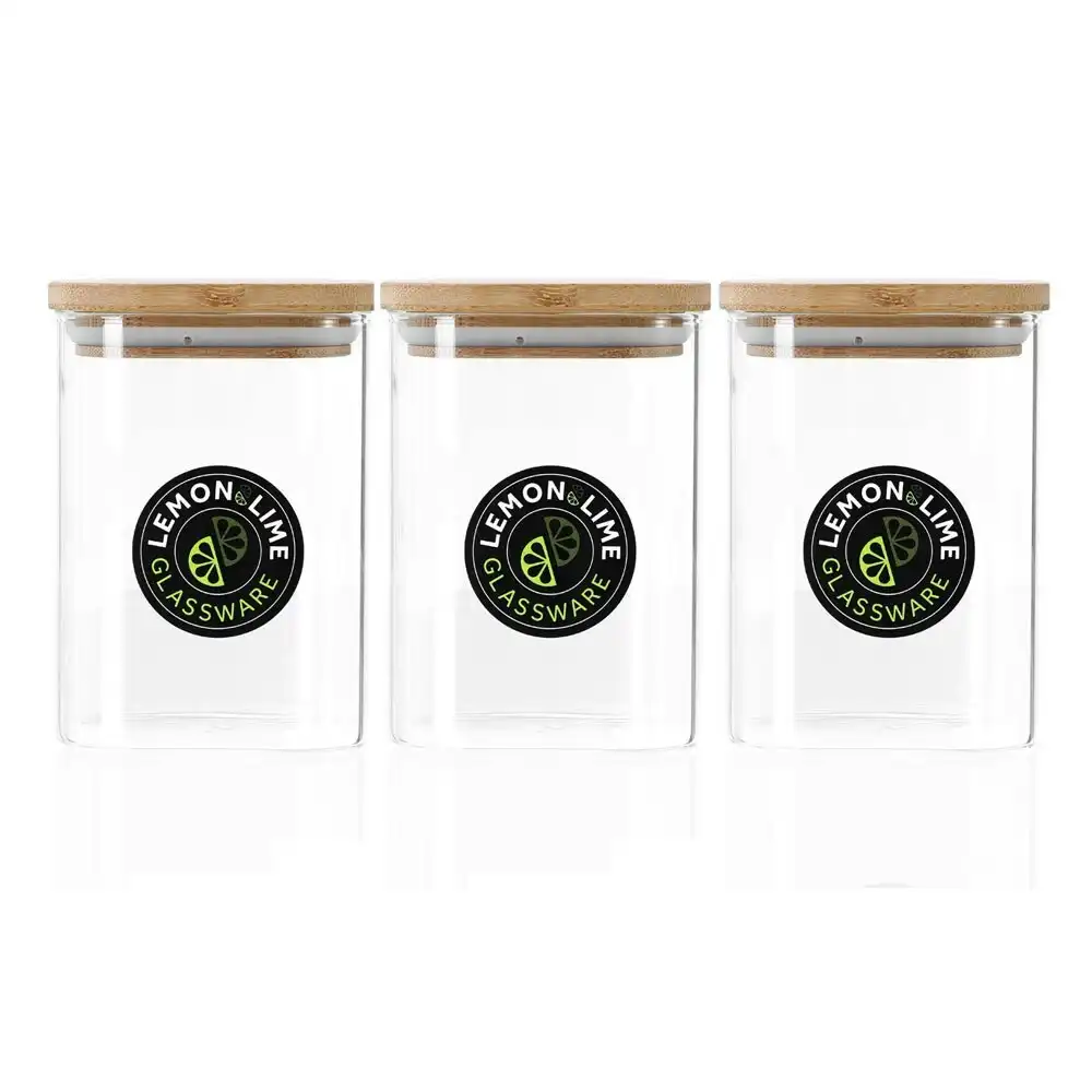 3PK Lemon & Lime Camden 550ml Glass Jar Square Storage Container w/ Bamboo Lid