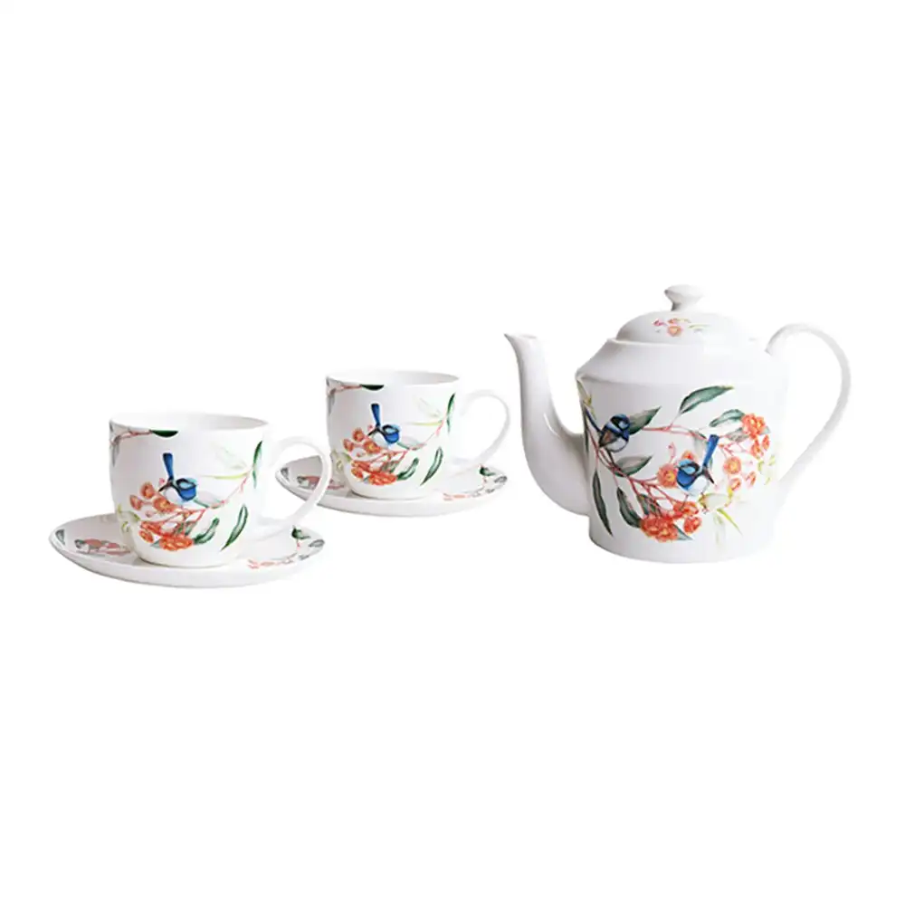 Ashdene Blue Wren & Eucalyptus 600ml Teapot/ 2 Drinking Teacup 230ml/Saucer Set