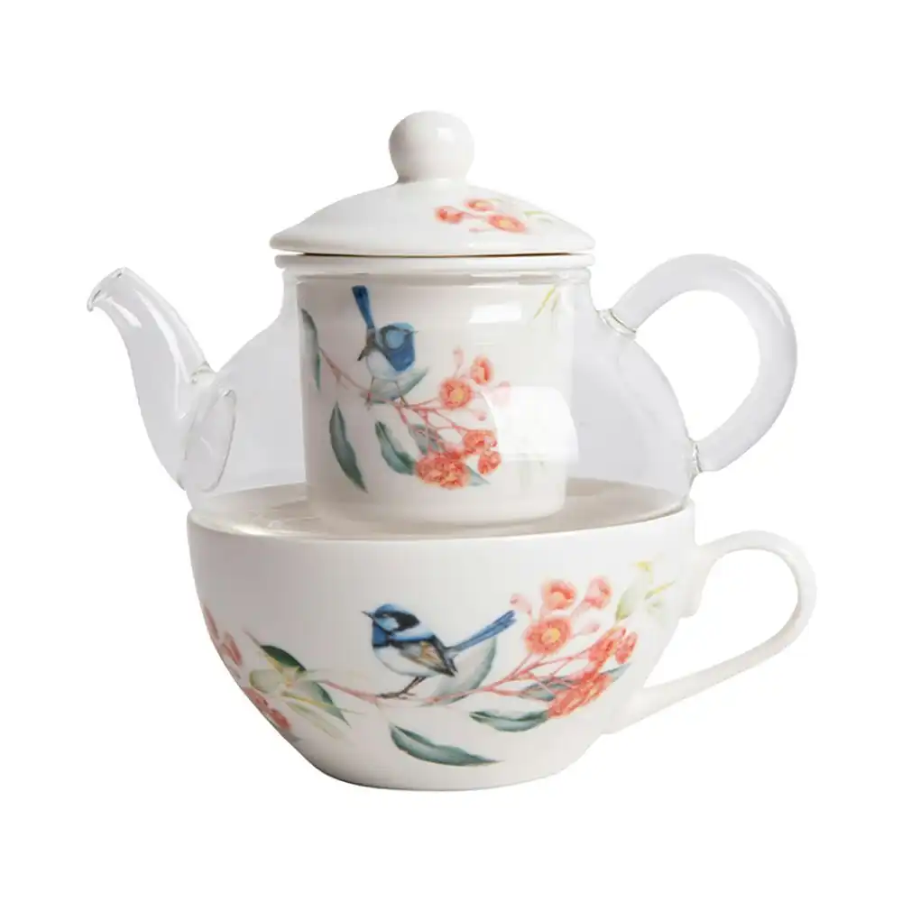 Ashdene Blue Wren & Eucalyptus Drinking 220ml Teacup/280ml Teapot For One Set