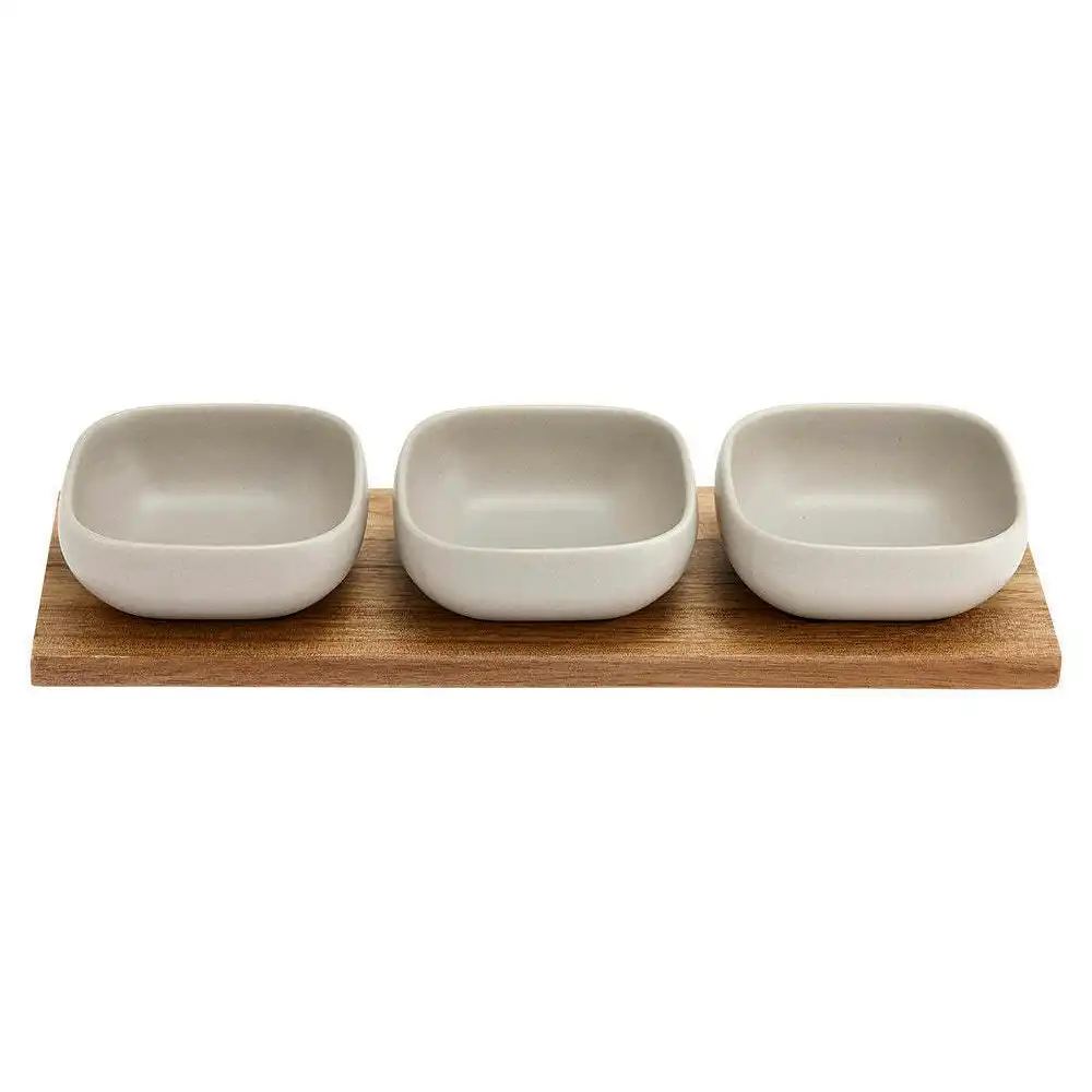 4pc Ladelle Essentials Porcelain Dip/Sauce Bowl & 32.5cm Acacia Tray Set Stone