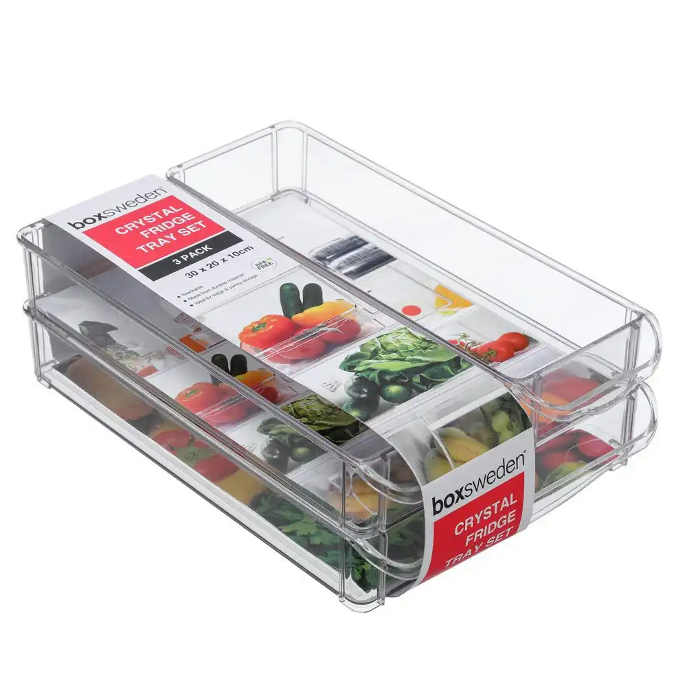 3PK Boxsweden 30x20cm Crystal Fridge/Pantry Kitchen Food BPA Free Tray Clear